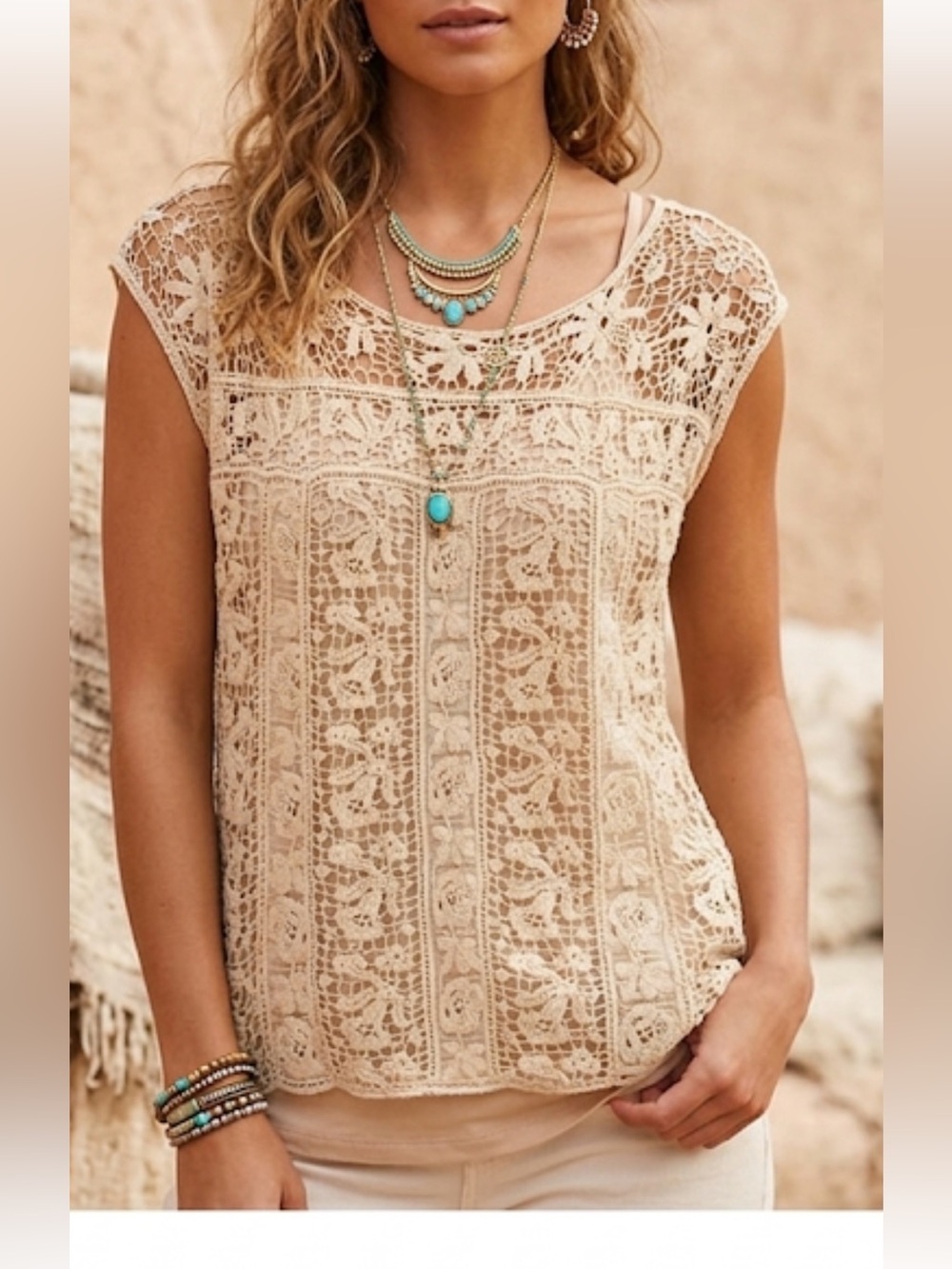 Kenar Cream Lace Sleeveless Top with Camisole – Size Medium